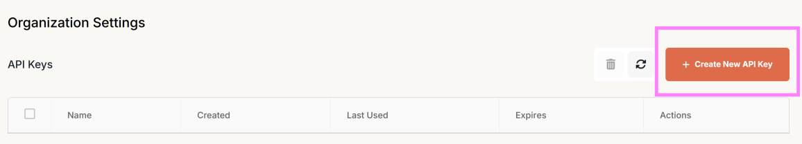 The API Keys section of Organization Settings