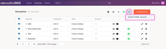 Export YAML (Azure) in the scenarios menu